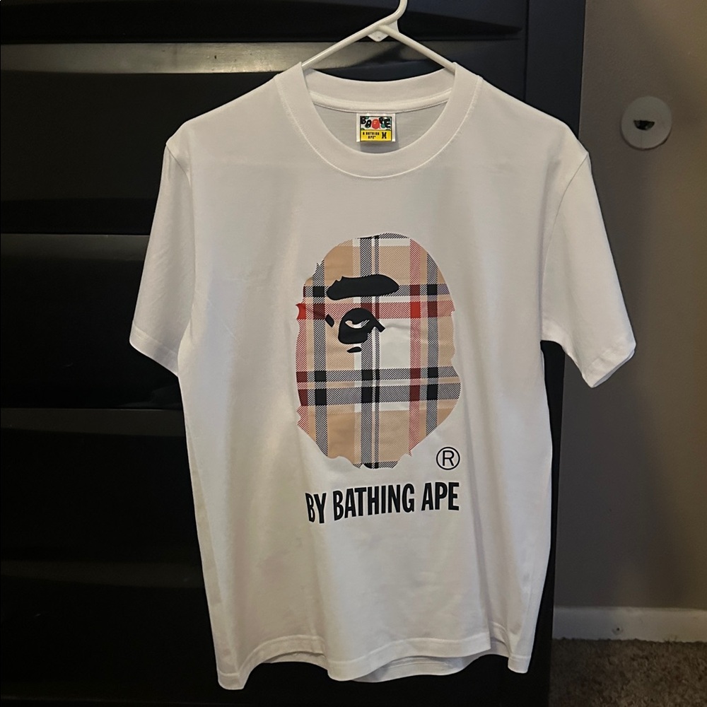 Bape White Short Sleeve Tee with Plaid Ape Logo